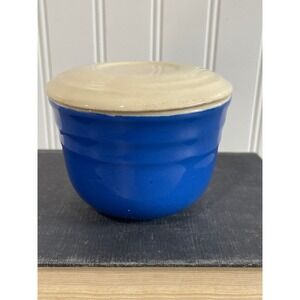 1940's -50's Oxford Blue Fridge Bowl Grease Jar Lidded Crock Farmhouse Kitchen